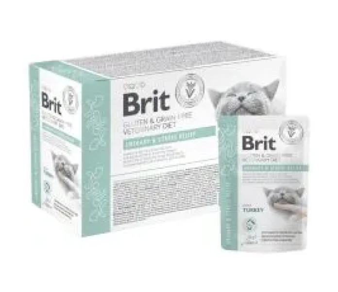 brit cat gluten grain free veterinary diet urinary stress relief pouch 12 x 85 g kuva